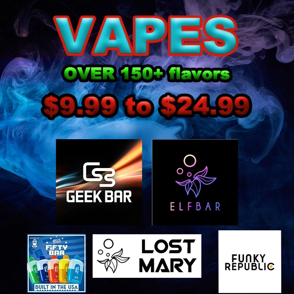 over 150 flavors of vapes in Tucson, including elf bars, lost mary, funky republic, geek bar and fifty bar