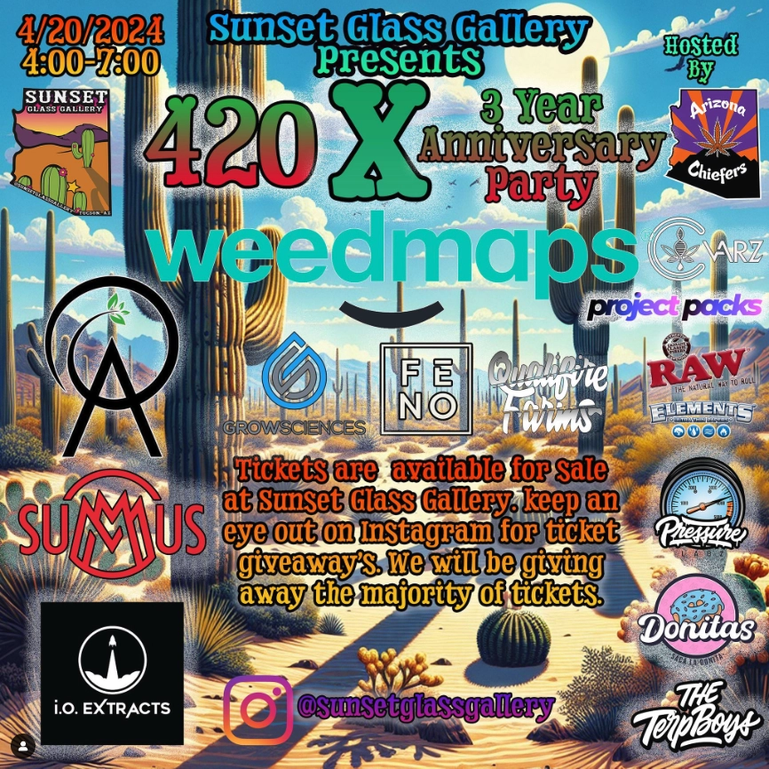 3 year anniversary party flyer for Sunset Glass Gallery's 3 year anniversary party